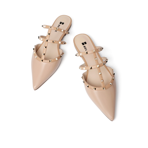 百丽平底穆勒鞋2021女漆皮牛皮革铆钉休闲半拖鞋3KZC5BH1