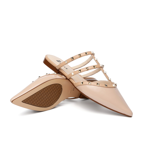 百丽平底穆勒鞋2021女漆皮牛皮革铆钉休闲半拖鞋3KZC5BH1