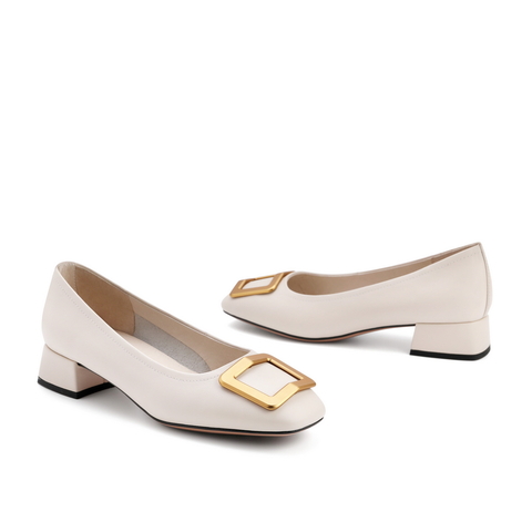 百丽方扣单鞋2021商场同款女牛皮革复古方头中跟鞋W5T1DAQ1