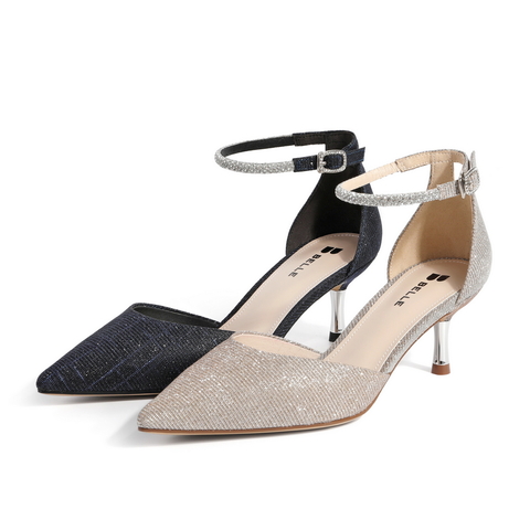 百丽尖头高跟鞋女2021商场同款细闪宴会细跟包头凉鞋BSCG9BK1