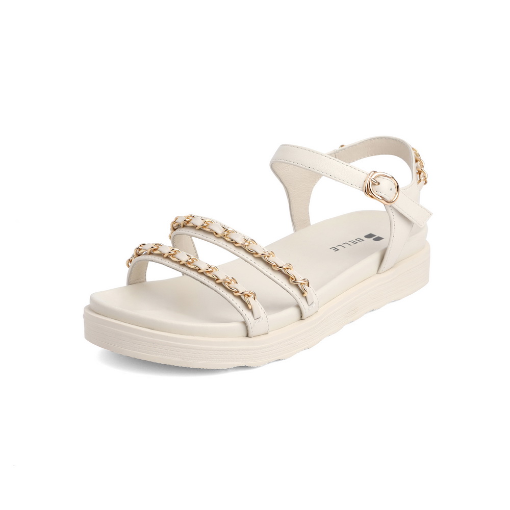 百丽拼接厚底凉鞋女2021商场同款牛皮革链条凉鞋W6M1DBL1