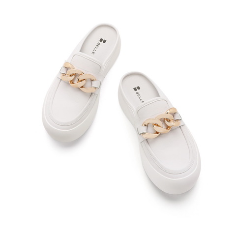 百丽2021秋新商场同款牛皮金属面包鞋穆勒鞋女厚底小白W6U1DCH1