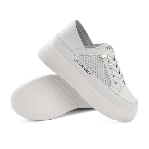 百丽2021夏新女珍珠拼接厚底小白鞋网面休闲松糕板鞋B0329BM1