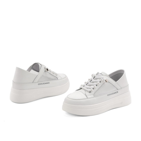 百丽2021夏新女珍珠拼接厚底小白鞋网面休闲松糕板鞋B0329BM1