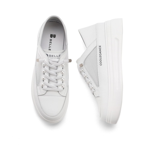 百丽2021夏新女珍珠拼接厚底小白鞋网面休闲松糕板鞋B0329BM1