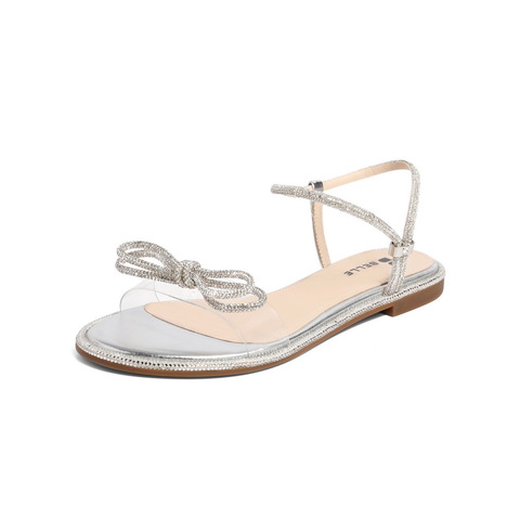 百丽2021女蝴蝶结平底鞋星辰一字带仙女凉鞋3RA37BL1