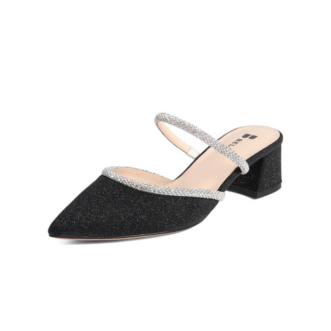 百丽优雅拖鞋女外穿2021夏新水钻尖头粗跟凉鞋穆勒鞋3IB37BH1