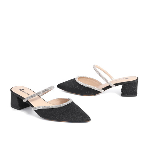 百丽优雅拖鞋女外穿2021夏新水钻尖头粗跟凉鞋穆勒鞋3IB37BH1