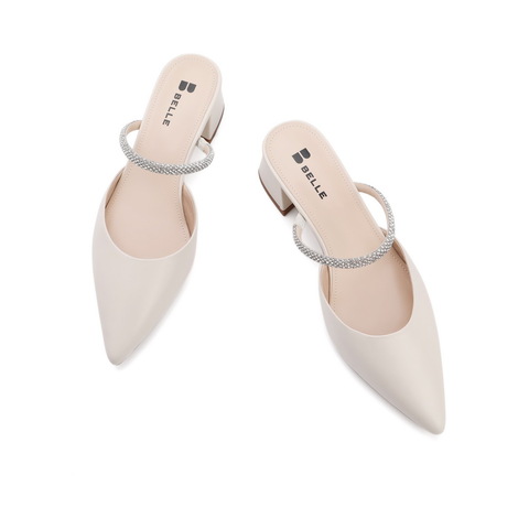 百丽2021夏新女羊皮革水钻带优雅粗跟尖头包头凉拖鞋3IB38BH1