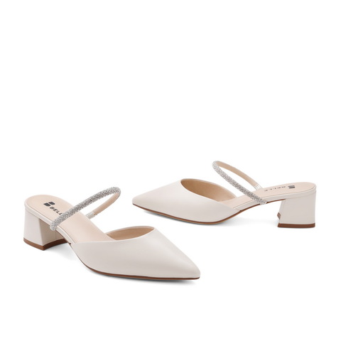 百丽2021夏新女羊皮革水钻带优雅粗跟尖头包头凉拖鞋3IB38BH1