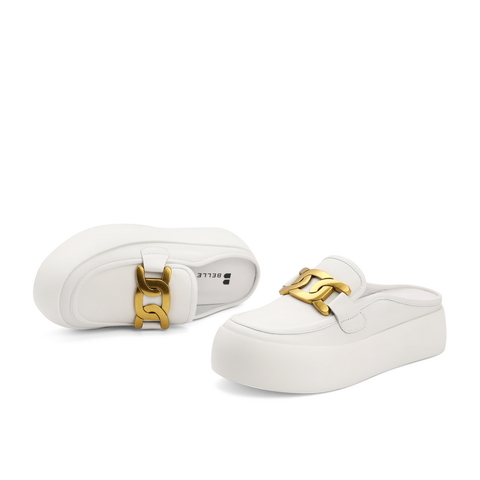 百丽休闲小白鞋女2021夏新牛皮穆勒鞋厚底懒人面包鞋B0366BH1