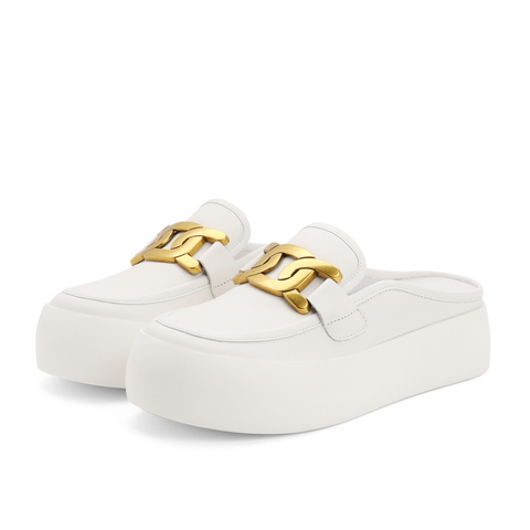 百丽休闲小白鞋女2021夏新牛皮穆勒鞋厚底懒人面包鞋B0366BH1