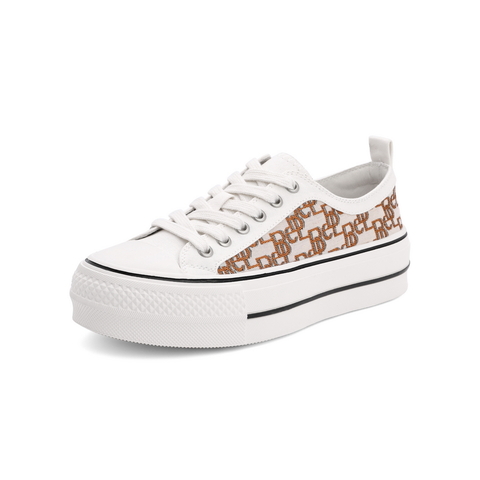 百丽时尚帆布鞋女2021秋新复古老花气质厚底休闲鞋B0503CM1