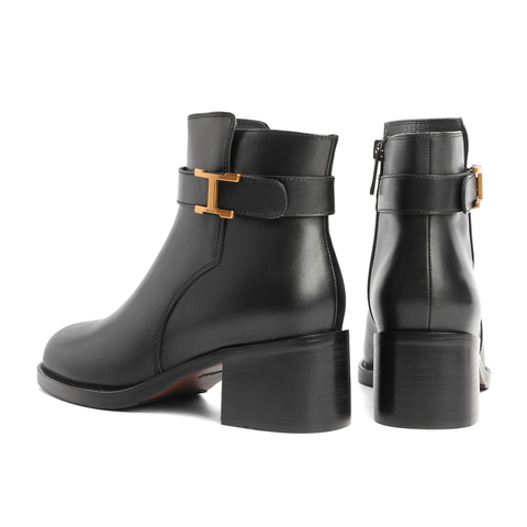 百丽马丁靴女2021冬新商场同款牛皮革金属扣粗跟时装靴3XF40DD1