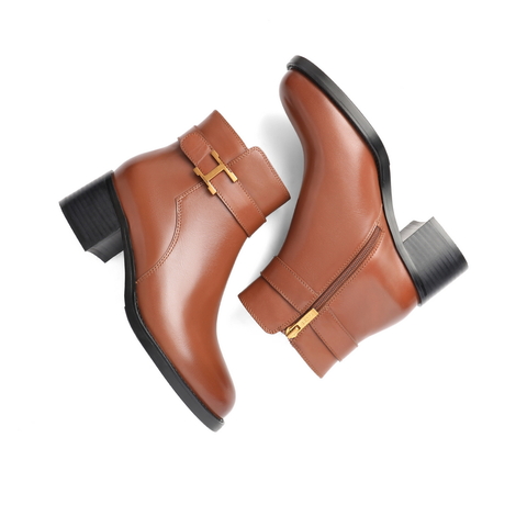百丽马丁靴女2021冬新商场同款牛皮革金属扣粗跟时装靴3XF40DD1