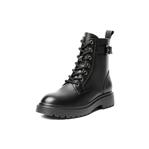 百丽马丁靴女2021冬新款牛皮革皮带扣机车英伦风短靴B0615DD1