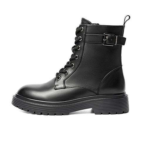 百丽马丁靴女2021冬新款牛皮革皮带扣机车英伦风短靴B0615DD1