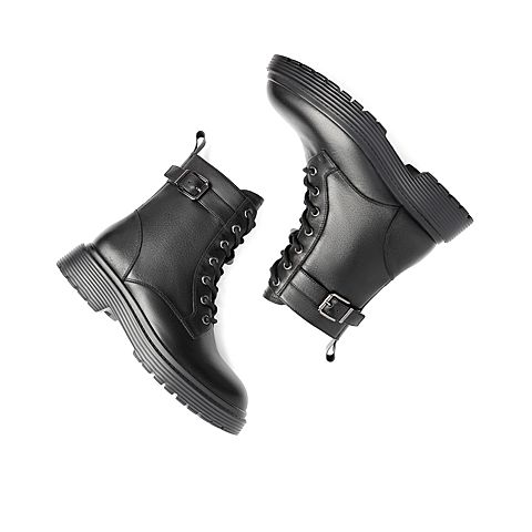 百丽马丁靴女2021冬新款牛皮革皮带扣机车英伦风短靴B0615DD1