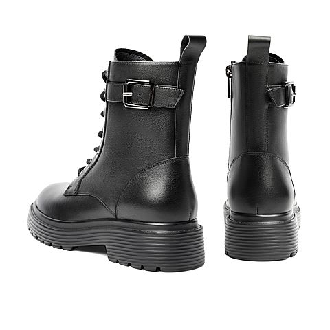 百丽马丁靴女2021冬新款牛皮革皮带扣机车英伦风短靴B0615DD1