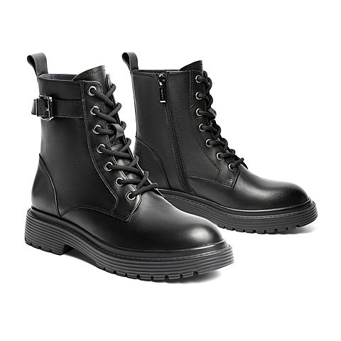 百丽马丁靴女2021冬新款牛皮革皮带扣机车英伦风短靴B0615DD1