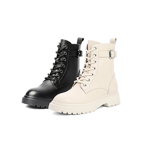 百丽马丁靴女2021冬新款牛皮革皮带扣机车英伦风短靴B0615DD1