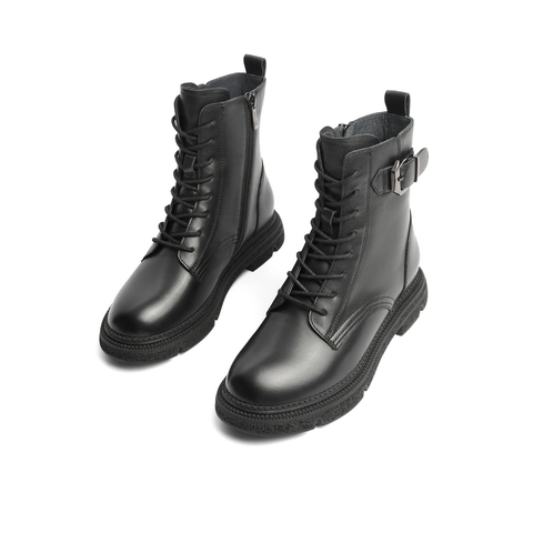 百丽马丁靴女2021冬新商场同款牛皮革皮带扣短靴加绒X3P1DDZ1