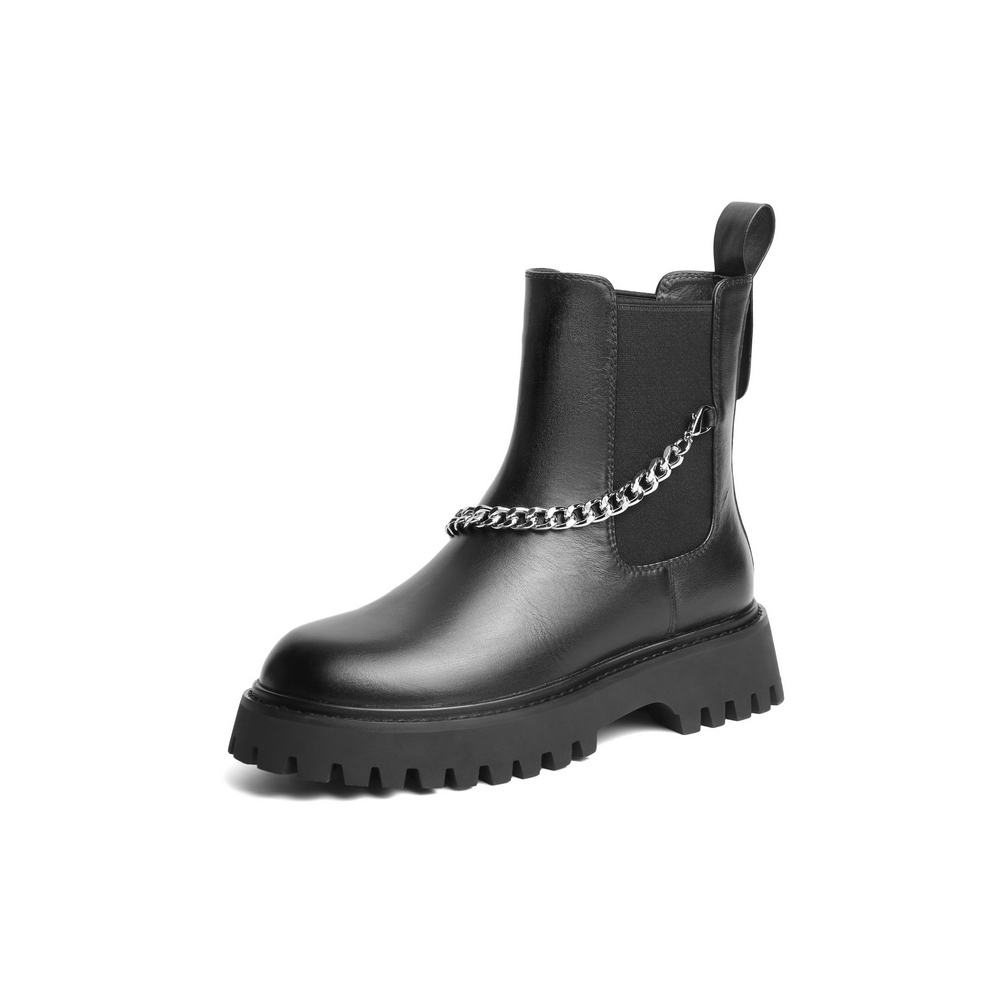 百丽金属链条切尔西靴女2021冬新款牛皮革厚底烟筒时装靴B0654DZ1