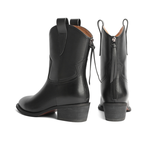 百丽牛仔靴女2021冬新商场同款牛皮革尖头骑士靴加绒3QBA2DZ1