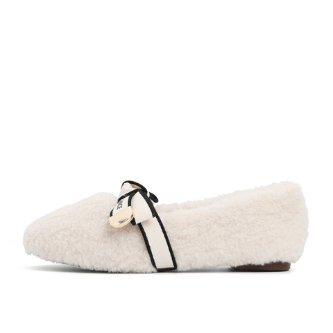 百丽毛绒单鞋女2021冬新商场同款蝴蝶结浅口毛毛鞋加绒X4E1DCA1