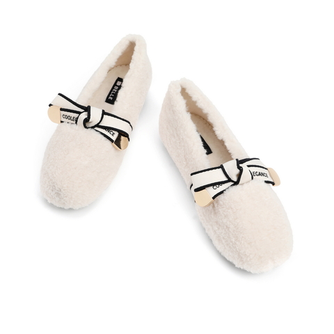 百丽毛绒单鞋女2021冬新商场同款蝴蝶结浅口毛毛鞋加绒X4E1DCA1