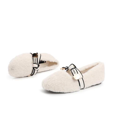 百丽毛绒单鞋女2021冬新商场同款蝴蝶结浅口毛毛鞋加绒X4E1DCA1