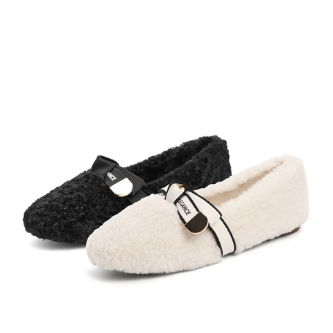 百丽毛绒单鞋女2021冬新商场同款蝴蝶结浅口毛毛鞋加绒X4E1DCA1