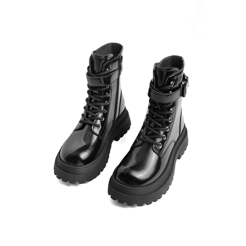 百丽潮酷厚底靴女2021冬新时尚金属扣英伦风女靴B0678DZ1