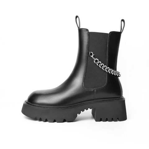 百丽厚底切尔西靴女2021冬新牛皮革链条时尚皮靴B0684DZ1