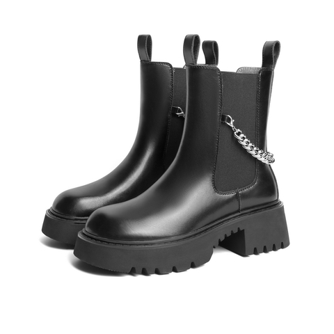 百丽厚底切尔西靴女2021冬新牛皮革链条时尚皮靴B0684DZ1