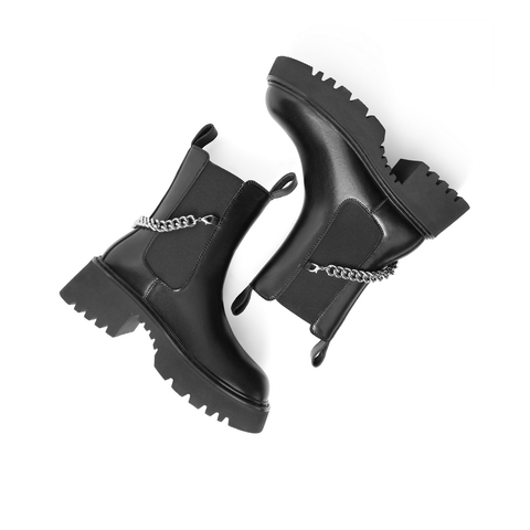 百丽厚底切尔西靴女2021冬新牛皮革链条时尚皮靴B0684DZ1