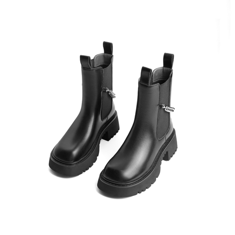 百丽厚底切尔西靴女2021冬新牛皮革链条时尚皮靴B0684DZ1