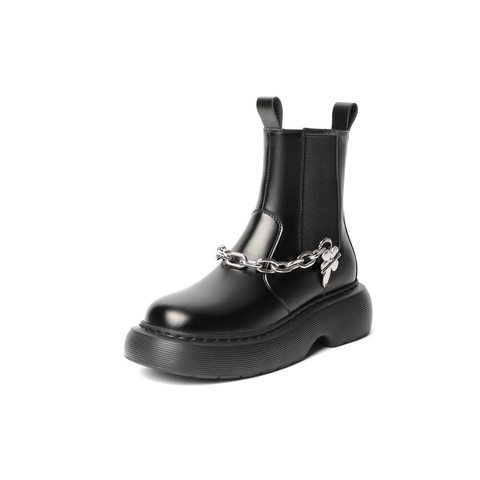 百丽复古切尔西靴女2021冬新链条潮流高帮厚底短靴B0661DD1