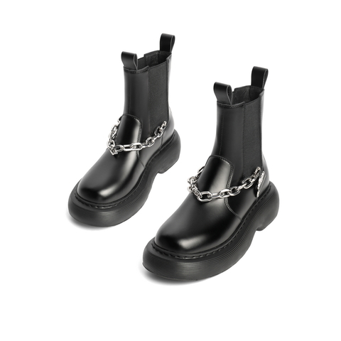 百丽复古切尔西靴女2021冬新链条潮流高帮厚底短靴B0661DD1