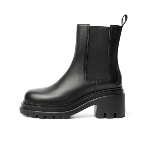 百丽厚底切尔西靴女2021冬新牛皮革休闲时尚短皮靴B0612DZ1