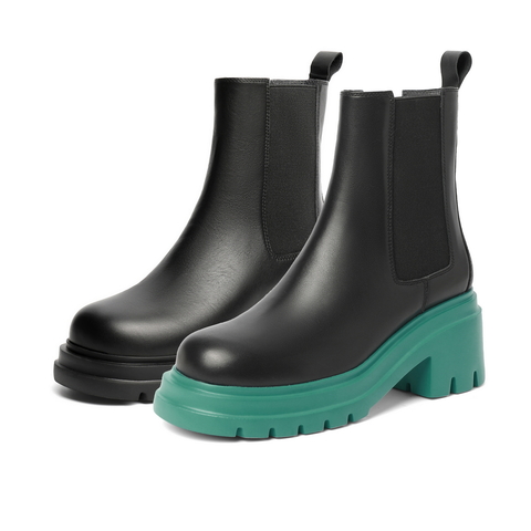 百丽厚底切尔西靴女2021冬新牛皮革休闲时尚短皮靴B0612DZ1