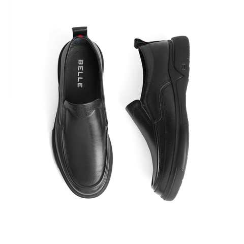 百丽男鞋商务休闲皮鞋2022春新牛皮革套脚黑色休闲单鞋A0643AM2