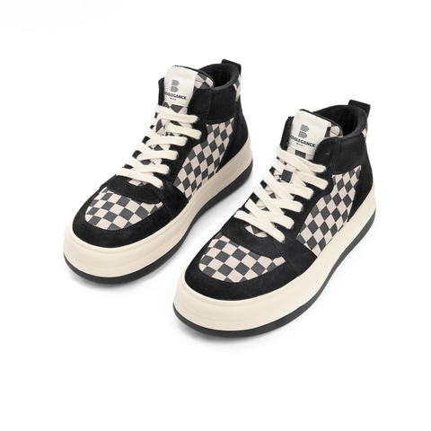 百丽棋盘格工装鞋女2022春新商场同款高帮撞色厚底休闲鞋X6B1DAM2