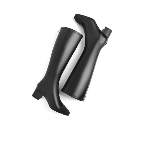 百丽拼接鞋面骑士靴女2022冬新牛皮革百搭优雅皮靴3JP70DG2