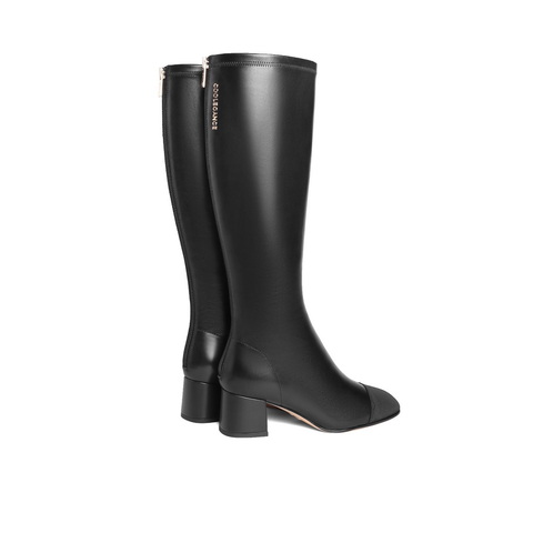 百丽拼接鞋面骑士靴女2022冬新牛皮革百搭优雅皮靴3JP70DG2