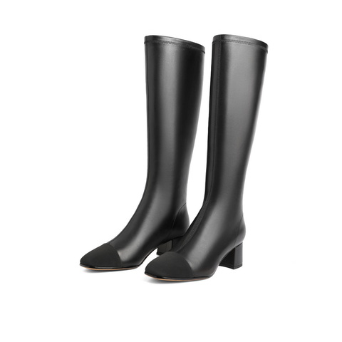 百丽拼接鞋面骑士靴女2022冬新牛皮革百搭优雅皮靴3JP70DG2