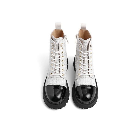 百丽小香风编织马丁靴女2022冬新商场同款系带气质短靴3KB62DZ2