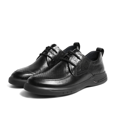 百丽系带商务鞋男2023夏新牛皮革打孔透气舒适休闲皮鞋A1084BM3