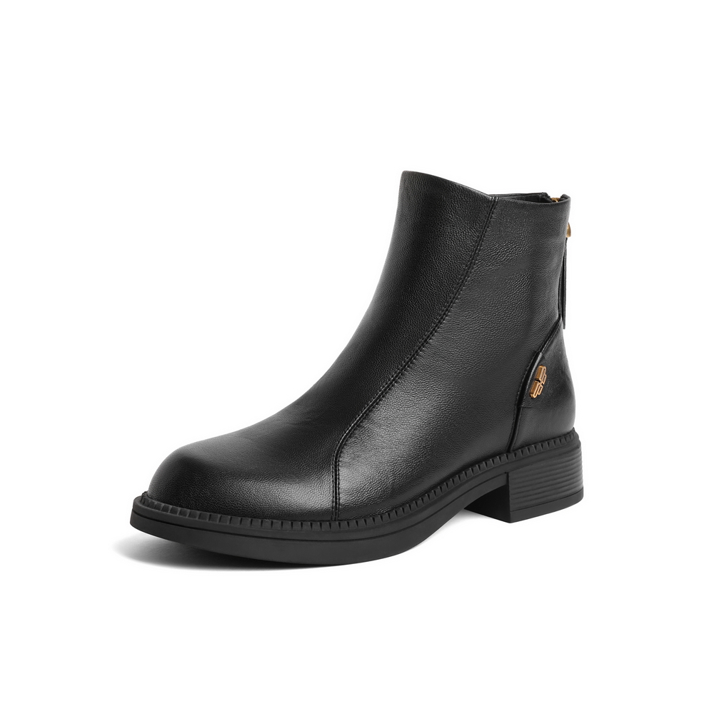 百丽肌理感休闲靴女2023冬新商场同款羊皮革柔软皮面短靴A2D1DDD3