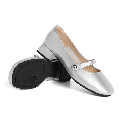 百丽一字带复古玛丽珍鞋女23新商场同款牛皮简约小银鞋A3P1DCQ3